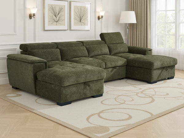 Alaya Green U-Shaped Corner Sofabed – 6 Seater Fabric Sofa