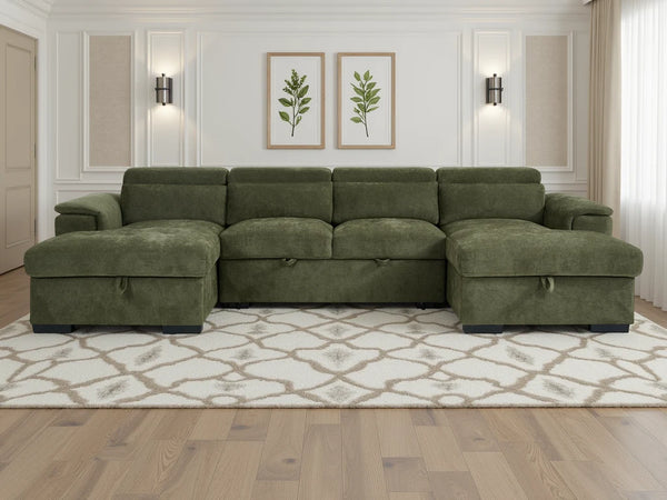 Alaya Green U-Shaped Corner Sofabed – 6 Seater Fabric Sofa