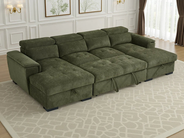 Alaya Green U-Shaped Corner Sofabed – 6 Seater Fabric Sofa
