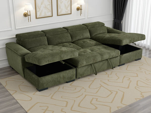Alaya Green U-Shaped Corner Sofabed – 6 Seater Fabric Sofa