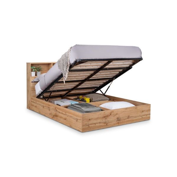 Bali Ottoman Bed with Bookcase Headboard – Natural Oak - Living with Luxury
