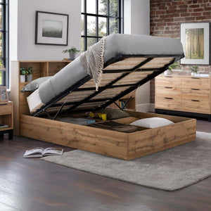 Bali Ottoman Bed with Bookcase Headboard – Oak - Living with Luxury