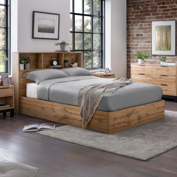 Bali Ottoman Bed with Bookcase Headboard – Natural Oak - Living with Luxury