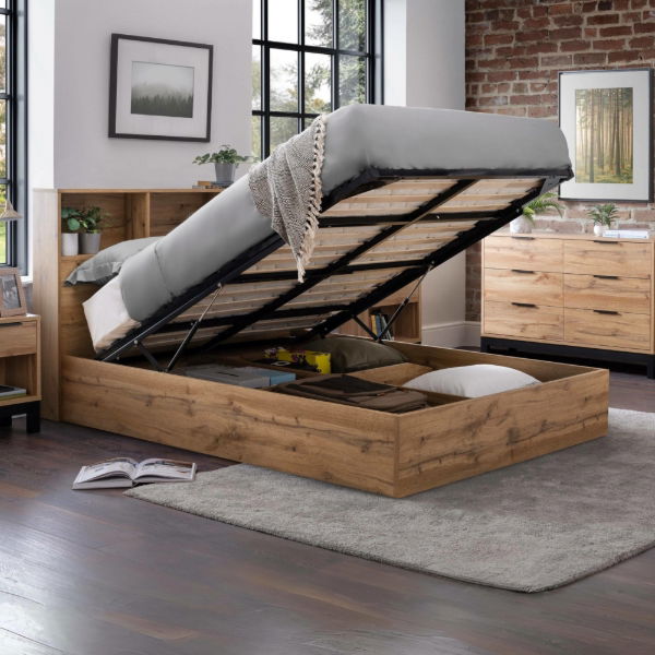 Bali Ottoman Bed with Bookcase Headboard – Natural Oak - Living with Luxury