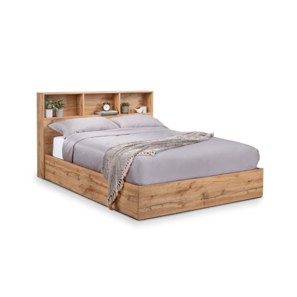 Bali Ottoman Bed with Bookcase Headboard – Natural Oak - Living with Luxury