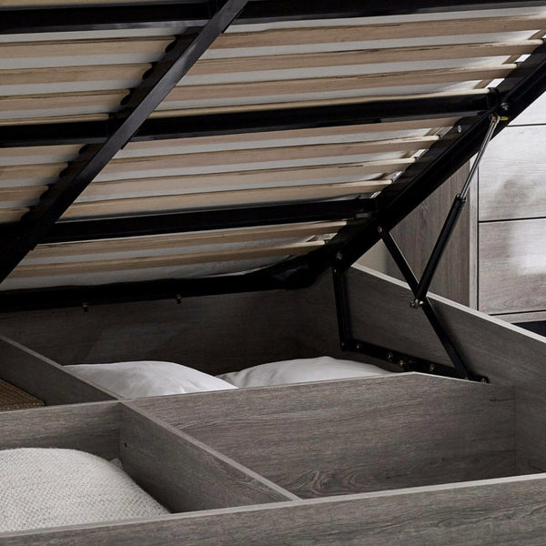 Bali Ottoman Storage 135cm Double Bed - Grey Oak - Living with Luxury