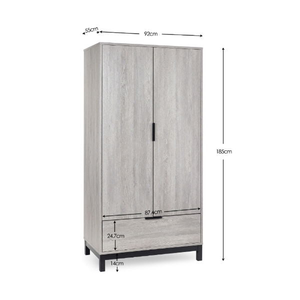 Bali 2 Door 1 Drawer Wardrobe - Grey Oak - Living with Luxury