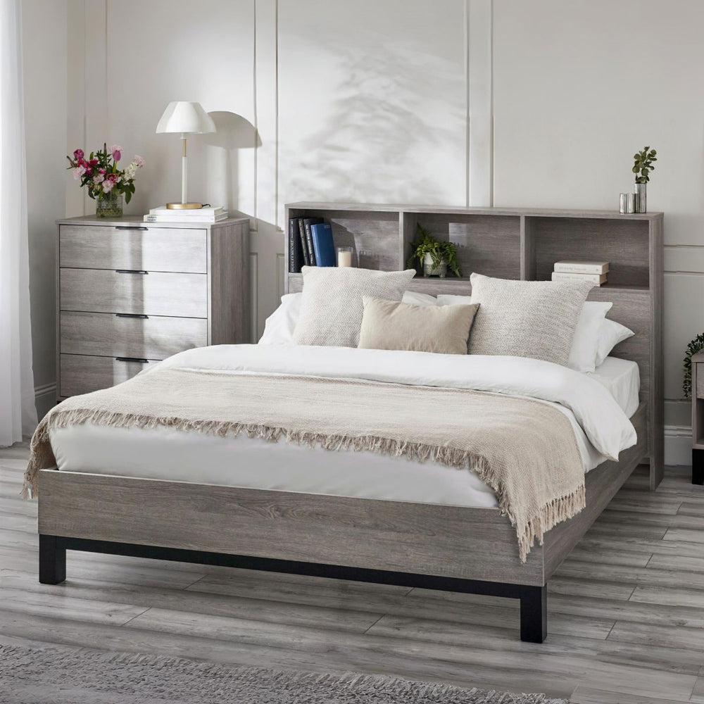 BALI BOOKCASE HEADBOARD BED 150CM - GREY OAK - Living with Luxury