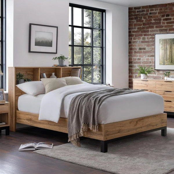 Bali Bookcase Headboard Bed 150cm - Light Oak - Living with Luxury