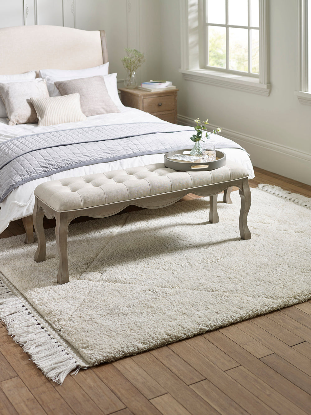 Camille French Style Upholstered Bench - Limed Oak/Oatmeal Linen - Living with Luxury