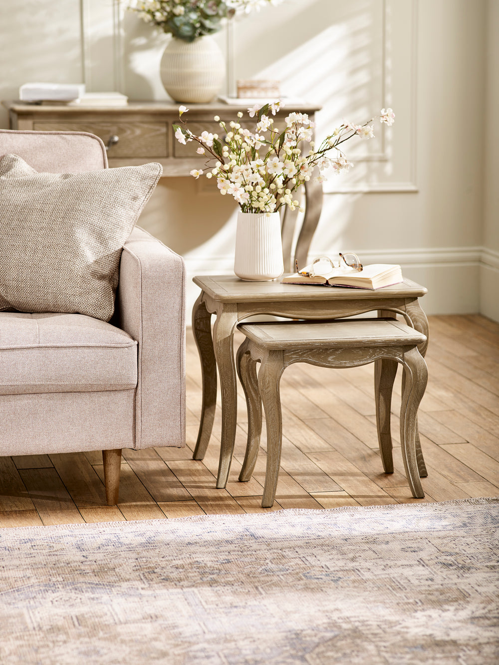 Camille French Style Nest of 2 Tables - Limed Oak - Living with Luxury