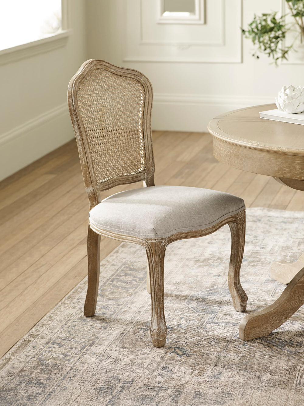 Camille French Style Rattan Back Dining Chairs (Set of 2) - Limed Oak/Oatmeal Linen - Living with Luxury