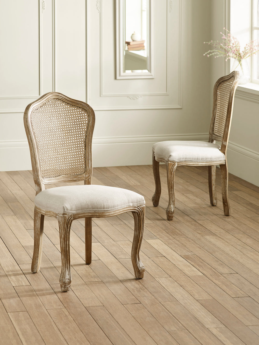 Camille French Style Rattan Back Dining Chairs (Set of 2) - Limed Oak/Oatmeal Linen - Living with Luxury