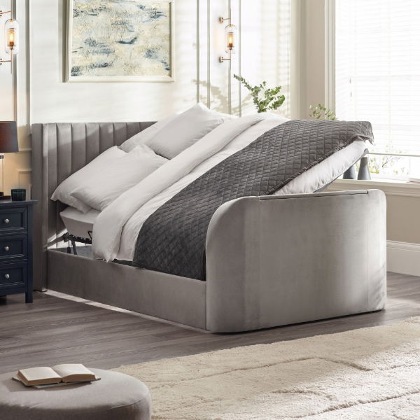Clara Side Lift Ottoman TV Bed 150cm Light Grey - Living with Luxury