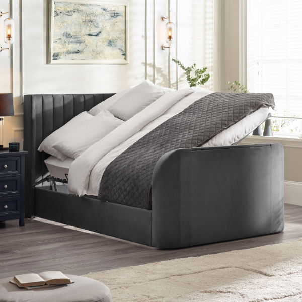 Clara Side Lift Ottoman TV Bed 135cm Dark Grey - Living with Luxury