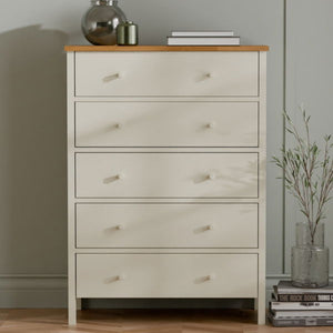 COXMOOR 5 DRAWER WIDE CHEST - IVORY &  OAK - Living with Luxury