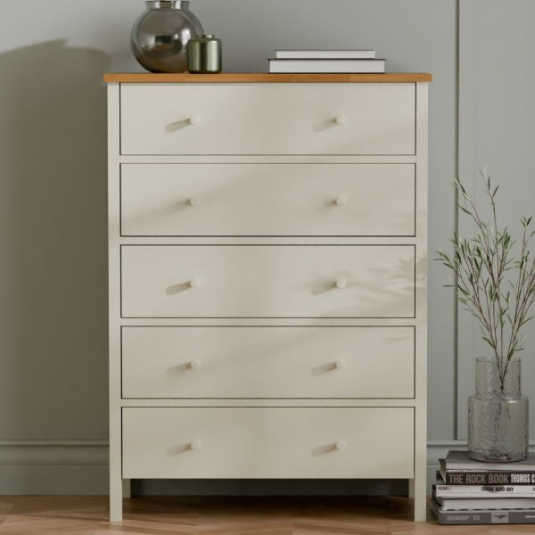 COXMOOR 5 DRAWER WIDE CHEST - IVORY &  OAK - Living with Luxury