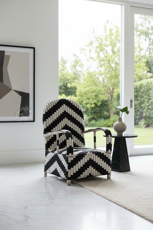 Yoruba Royal Beaded Chair Geometric Black and White – side view