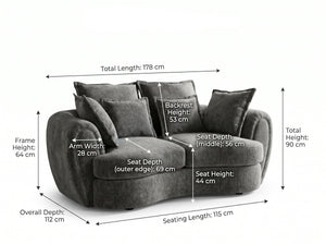 Dorchester Charcoal 3+2 Sofa Set – 2 seater dimensions