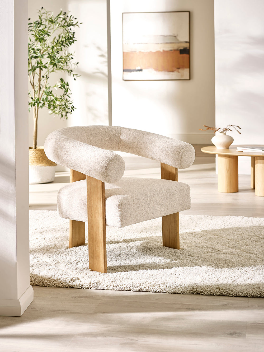 Freya White Boucle Upholstered Accent Chair with Solid Wood Legs - Living with Luxury