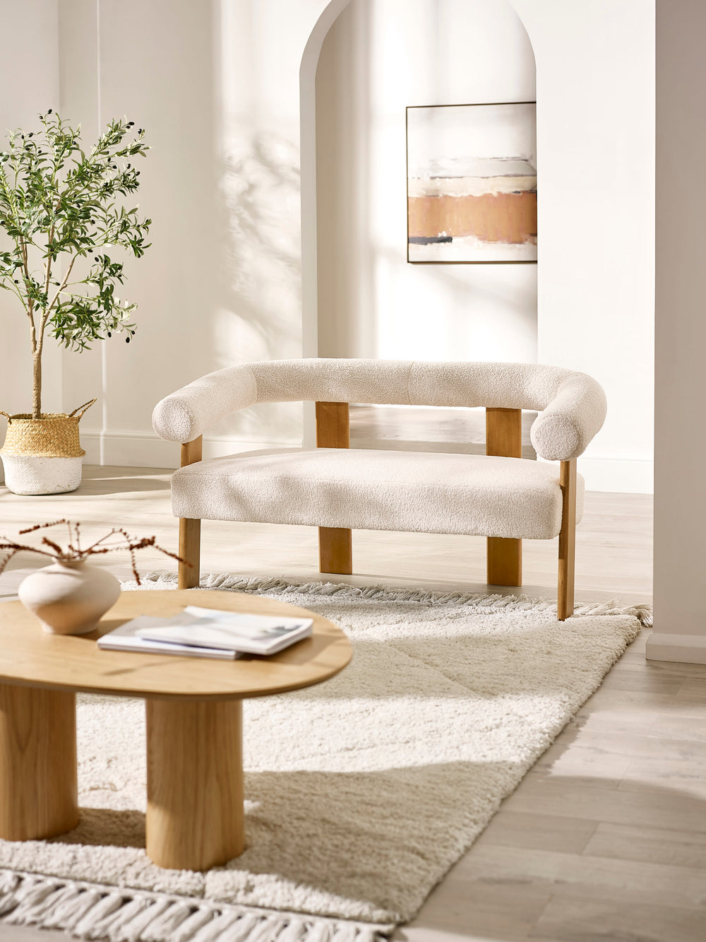 Freya White Boucle Upholstered 2 Seater Sofa with Solid Wood Legs - Living with Luxury