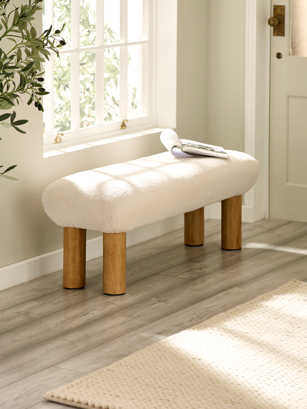 Freya White Boucle Upholstered Low Bench with Solid Wood Legs - Living with Luxury