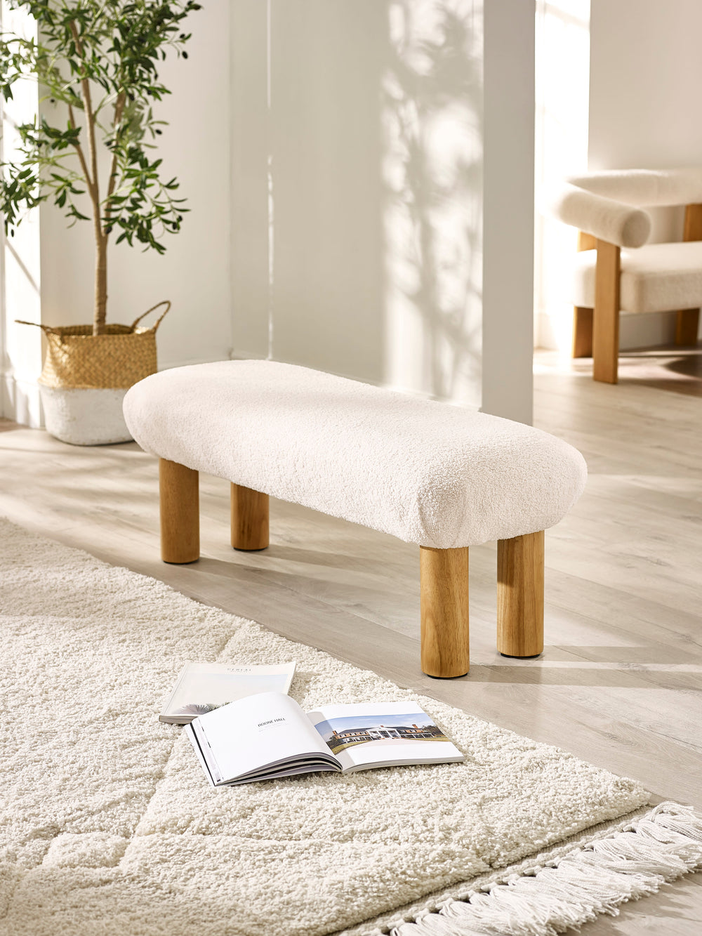 Freya White Boucle Upholstered Low Bench with Solid Wood Legs - Living with Luxury