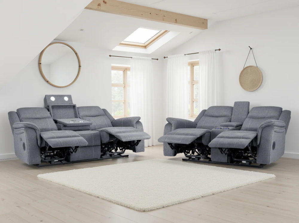Galaxy Tech Grey Fabric Electric Recliner Sofa 3+2 Set – Living Room Suite