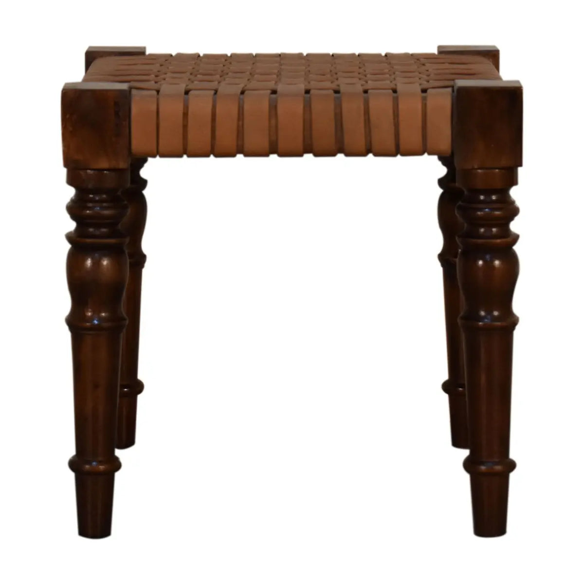 Woven Leather Footstool – Handcrafted Mango Wood Chestnut Finish