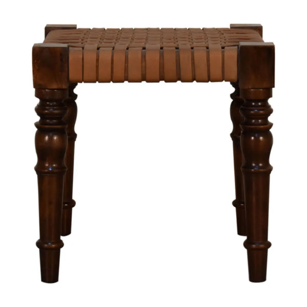 Woven Leather Footstool – Handcrafted from Mango Wood with a Chestnut Finish