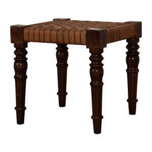 Woven Leather Footstool – Handcrafted from Mango Wood with a Chestnut Finish