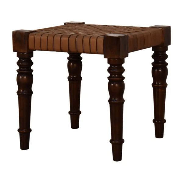 Woven Leather Footstool – Handcrafted from Mango Wood with a Chestnut Finish
