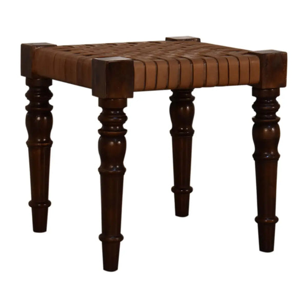 Woven Leather Footstool – Handcrafted from Mango Wood with a Chestnut Finish