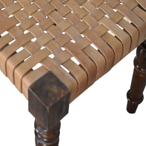 Woven Leather Footstool – Handcrafted from Mango Wood with a Chestnut Finish