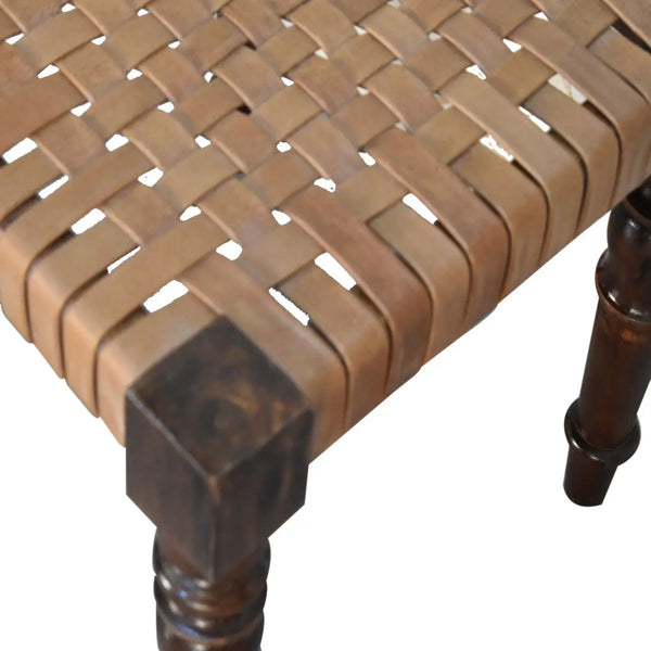 Woven Leather Footstool – Handcrafted from Mango Wood with a Chestnut Finish