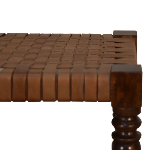 Woven Leather Footstool – Handcrafted from Mango Wood with a Chestnut Finish