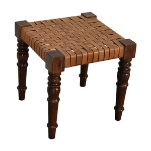 Woven Leather Footstool – Handcrafted from Mango Wood with a Chestnut Finish