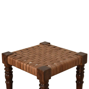 Woven Leather Footstool – Handcrafted from Mango Wood with a Chestnut Finish