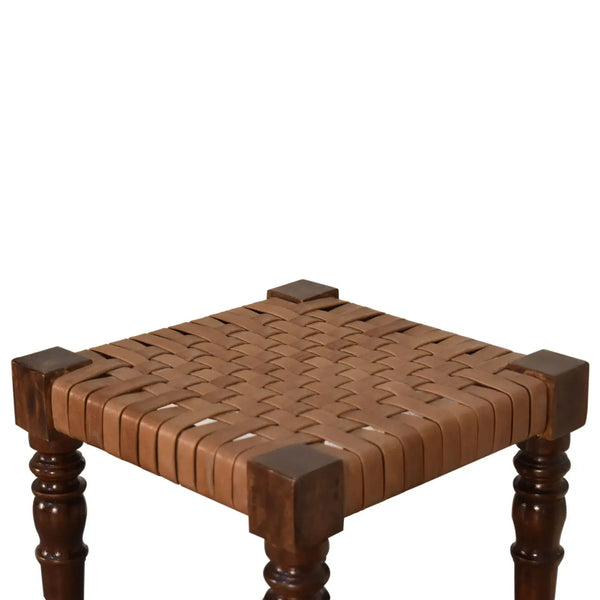 Woven Leather Footstool – Handcrafted from Mango Wood with a Chestnut Finish
