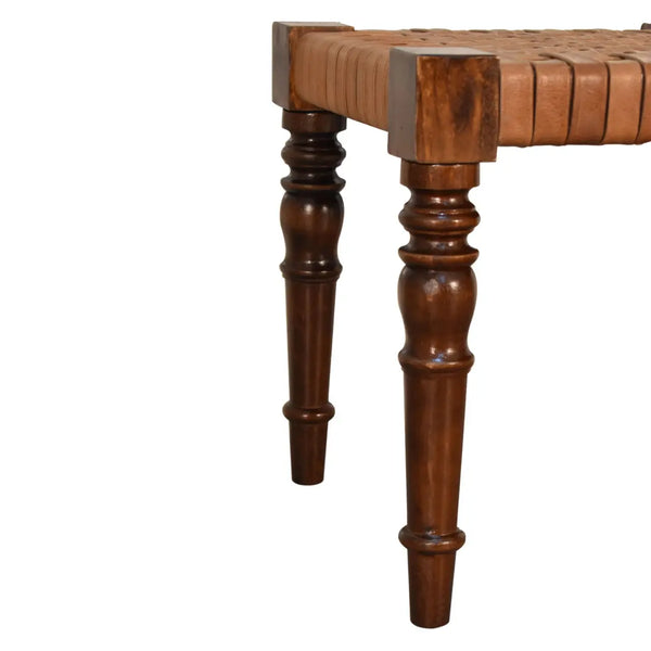Woven Leather Footstool – Handcrafted from Mango Wood with a Chestnut Finish