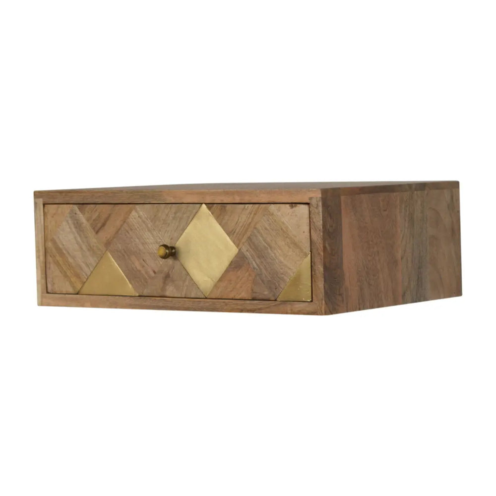 Solid Mango Wood Wall-Mounted Bedside with Brass Inlay