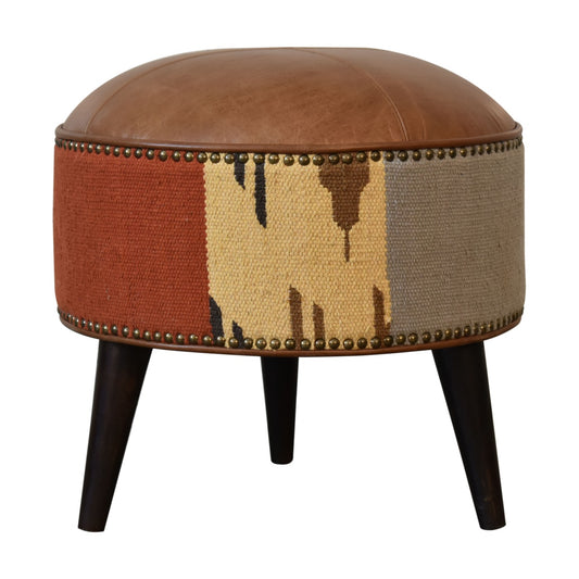 Durrie & Leather Mixed Footstool - Living with Luxury