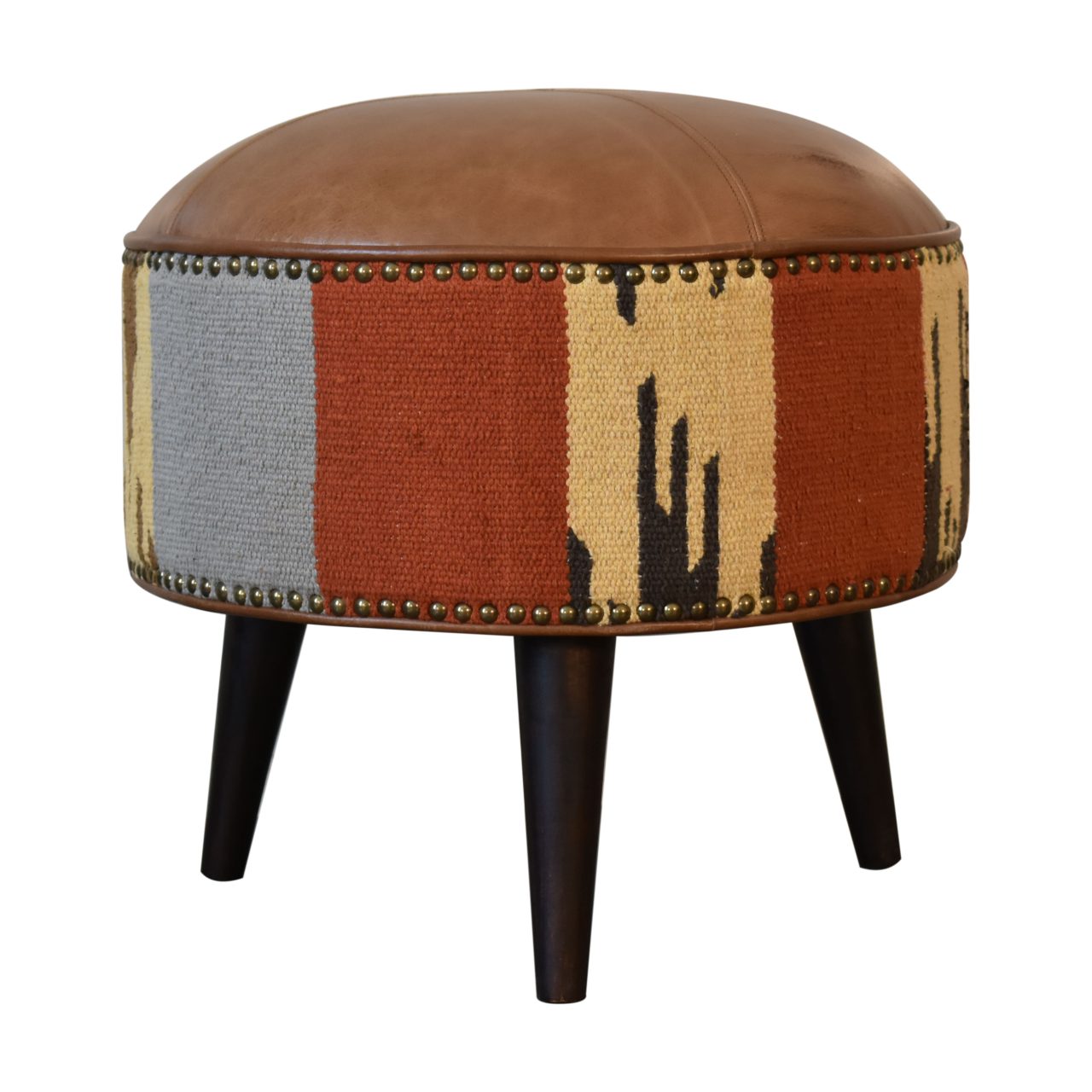 Durrie & Leather Mixed Footstool - Living with Luxury