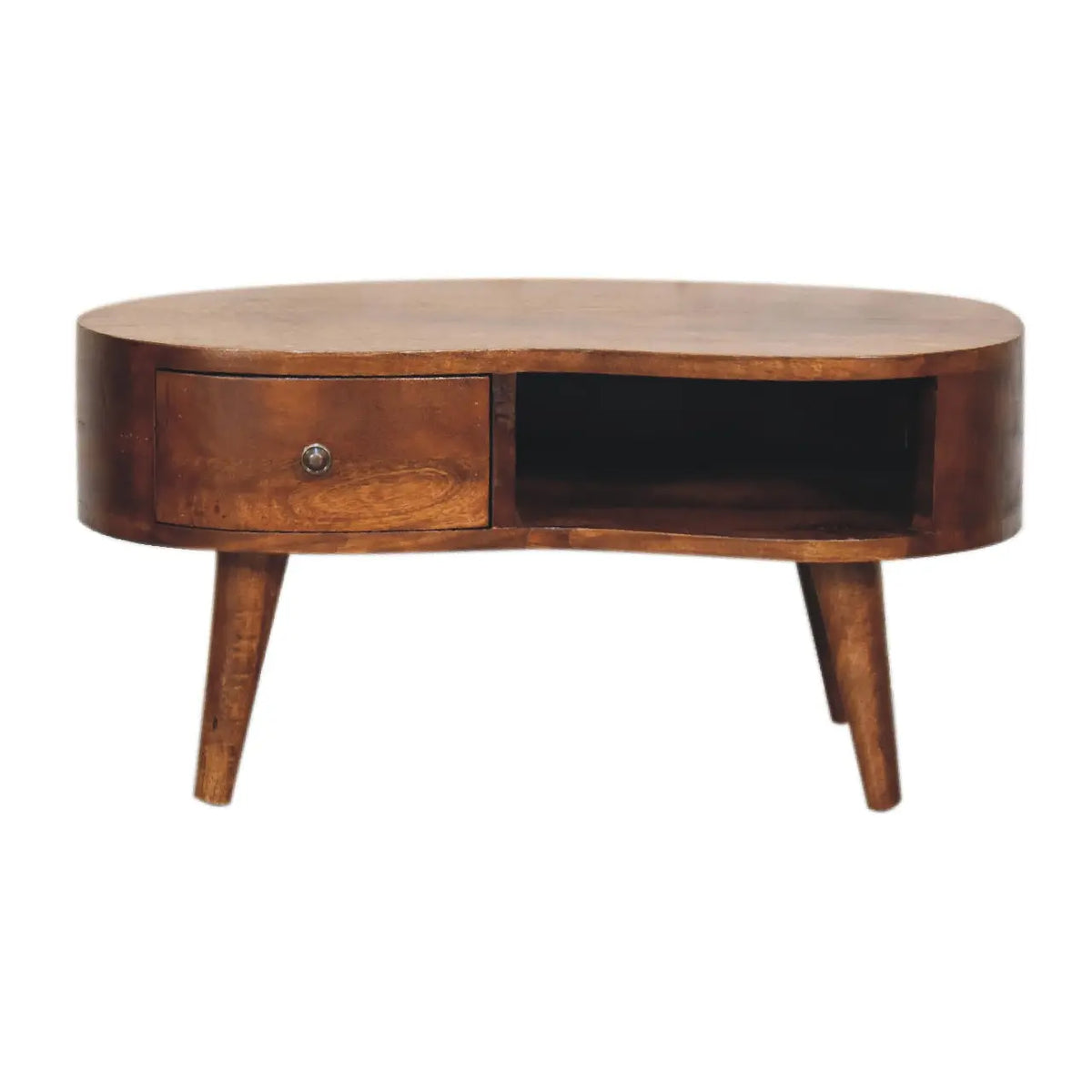 Mini Chestnut Wave Coffee Table – Solid Mango Wood Nordic Style Compact Storage Modern Design Chestnut Finish Small Spaces
