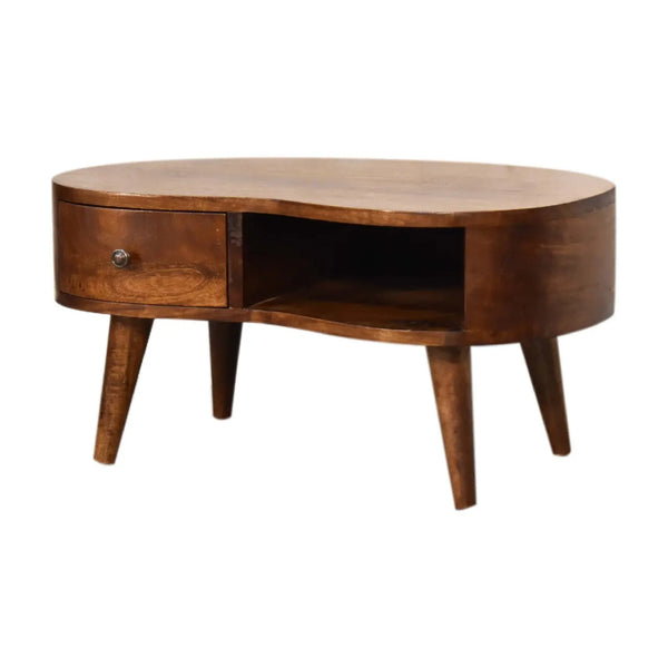 Mini Chestnut Wave Coffee Table – Solid Mango Wood, Nordic Style, Compact Storage, Modern Design, Chestnut Finish for Small Spaces