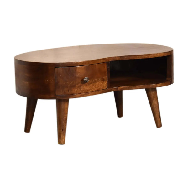 Mini Chestnut Wave Coffee Table – Solid Mango Wood, Nordic Style, Compact Storage, Modern Design, Chestnut Finish for Small Spaces