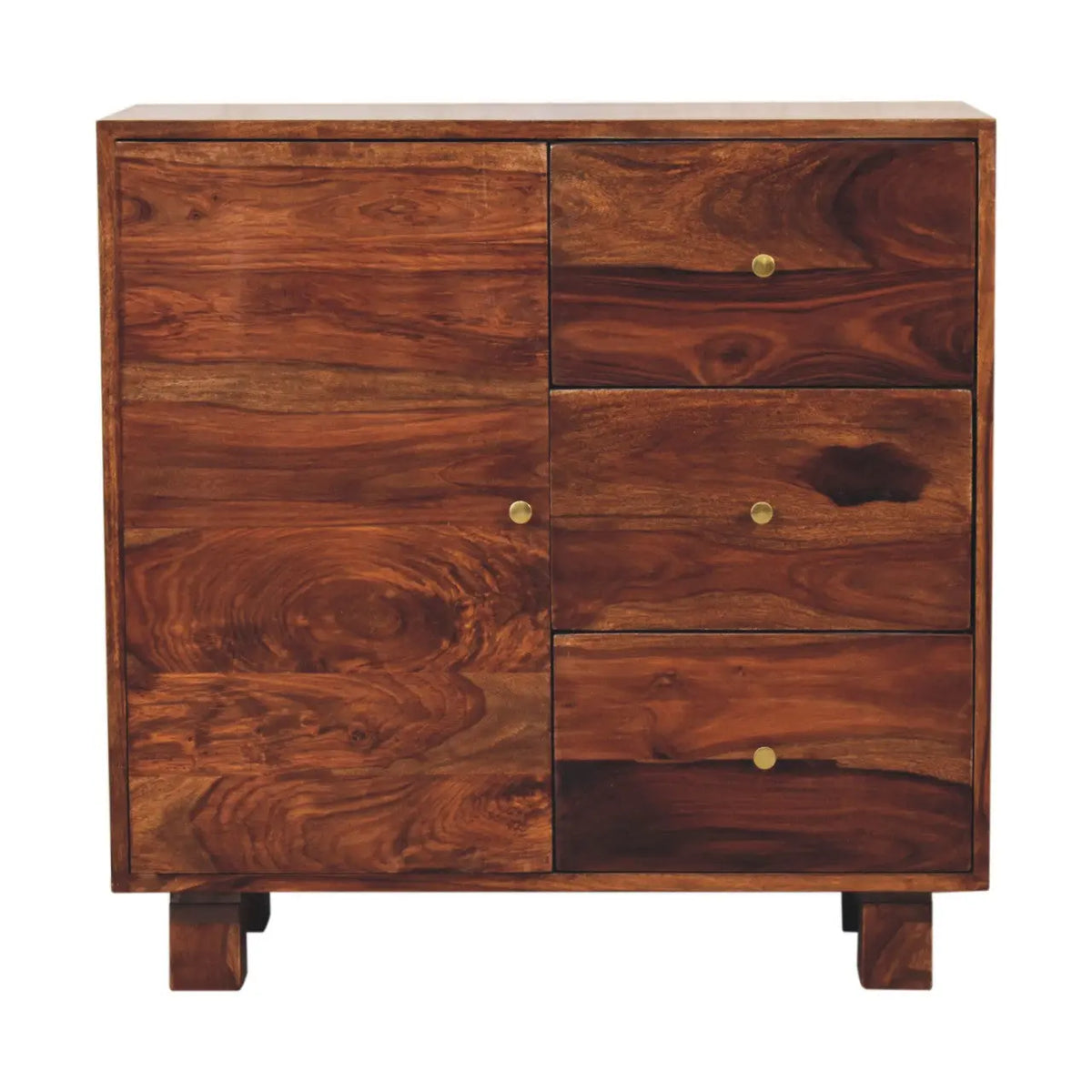 Tula Mini Sideboard – Sheesham Wood Storage Chestnut Finish & Brass Knobs