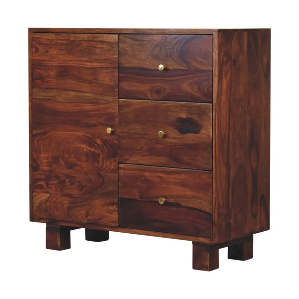 Tula Mini Sideboard – Sheesham Wood Storage with Chestnut Finish & Brass Knobs