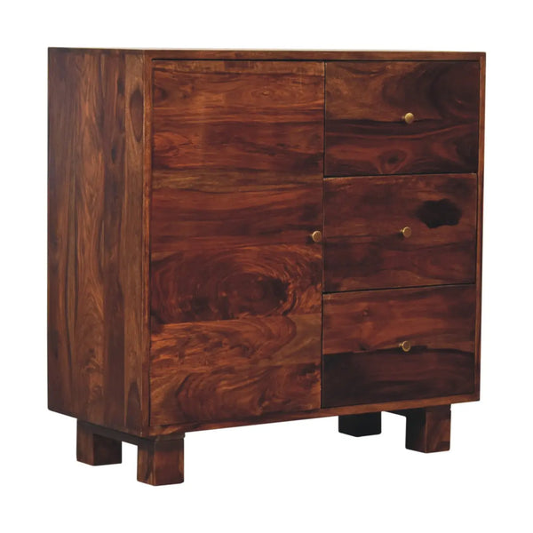 Tula Mini Sideboard – Sheesham Wood Storage with Chestnut Finish & Brass Knobs