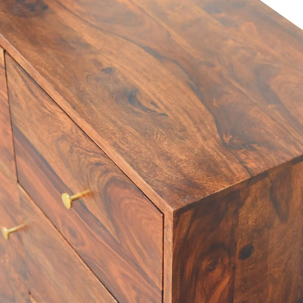 Tula Mini Sideboard – Sheesham Wood Storage with Chestnut Finish & Brass Knobs